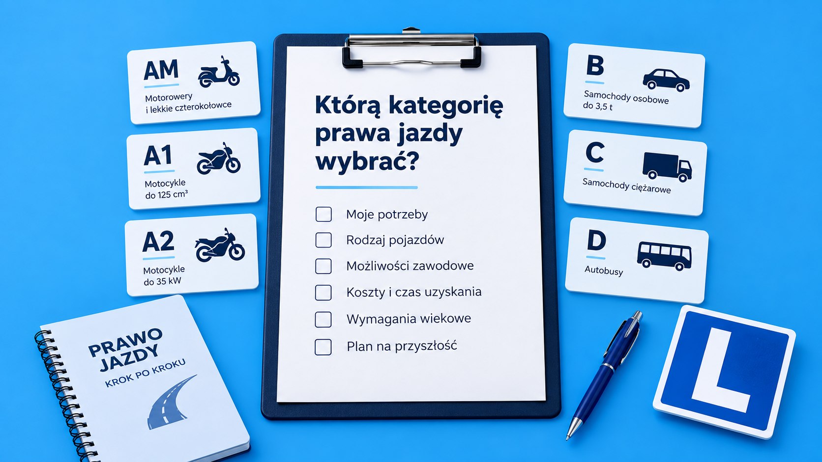 Przewodnik po wszystkich kategoriach ułożony odwrotnie niż zwykle: zaczynamy od tego, czym chcesz jeździć, a kończymy na literze, której potrzebujesz. Z wiekiem, badaniami i kosztem kursu.